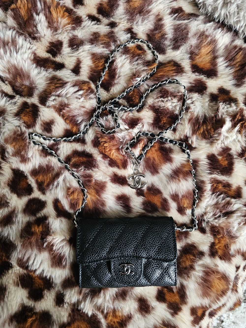 CHANEL Black Quilted Leather Crossbody Wallet with Chain Strap and CC Charm